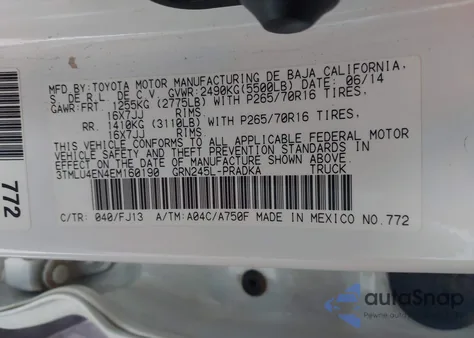 2014 Toyota Tacoma Base V6 z USA, uszkodzony, nr VIN 3TMLU4EN4EM160190